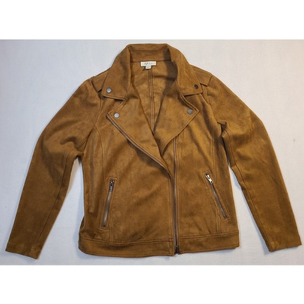 Style & Co Faux Suede Moto Jacket Womens Medium Brown Zip Biker Casual